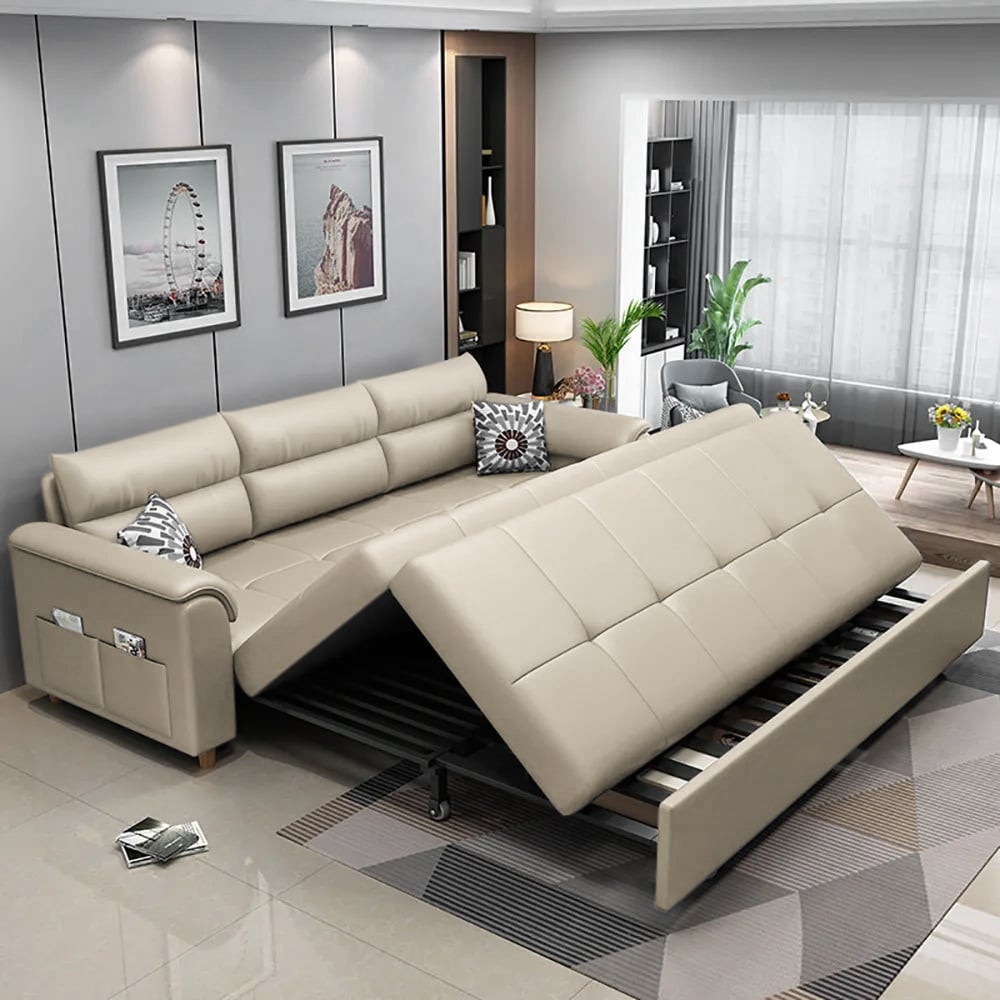 233cm King Faux Leather Pull-out Sleeper Sofa with Storage and Side Pockets window image