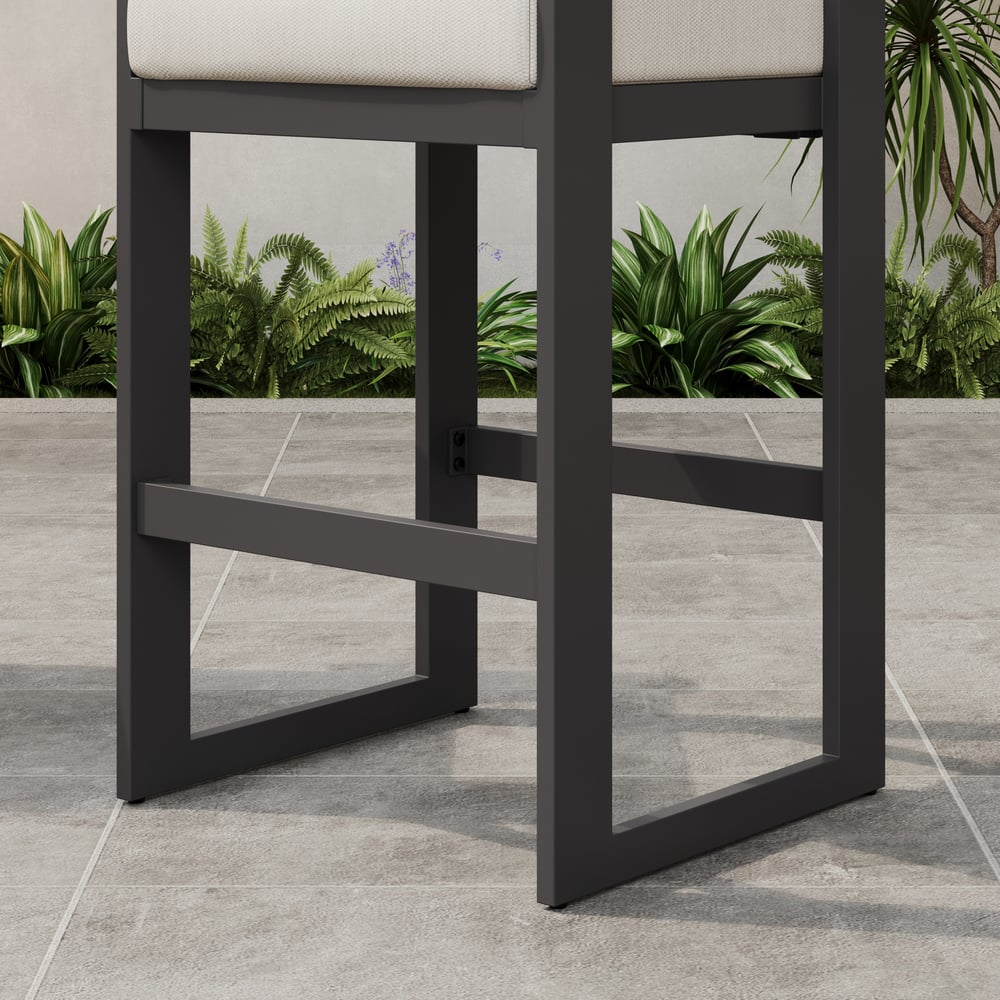 Tevara Outdoor Aluminum Frame & Teak Wood Armrest Bar Stools in Warm White, Set of 2 window image