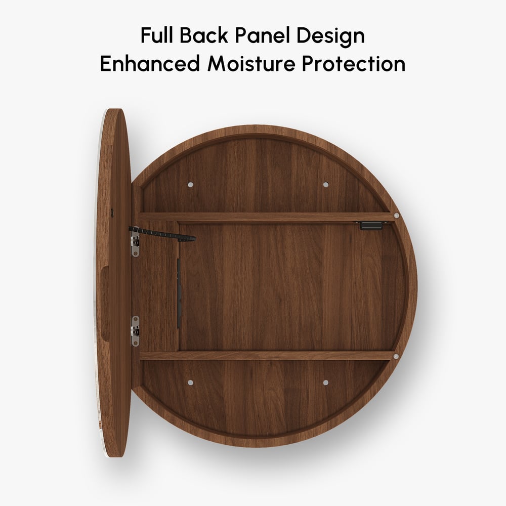 24" Round LED Walnut Medicine Cabinet with Storage, Anti-Fog, Dimmable window image