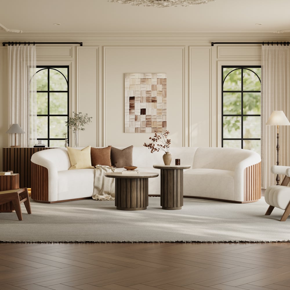 Aura 2 Piece Set Ash Wood Slatted  Round Coffee Table with Sintered Stone Top(20" - 28") window image