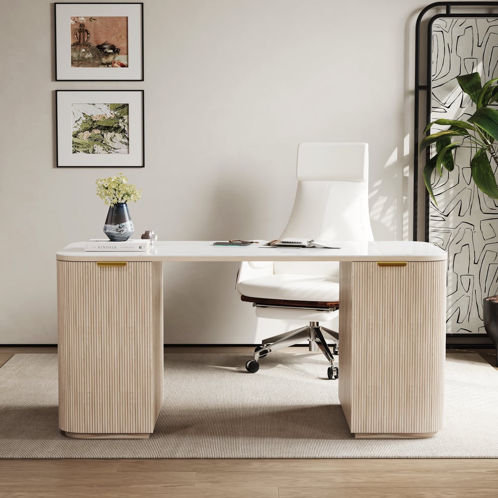 Modern Wash White Ash Wood & Sintered Stone Rectangle Desk with 6 Drawers (63.8") window image