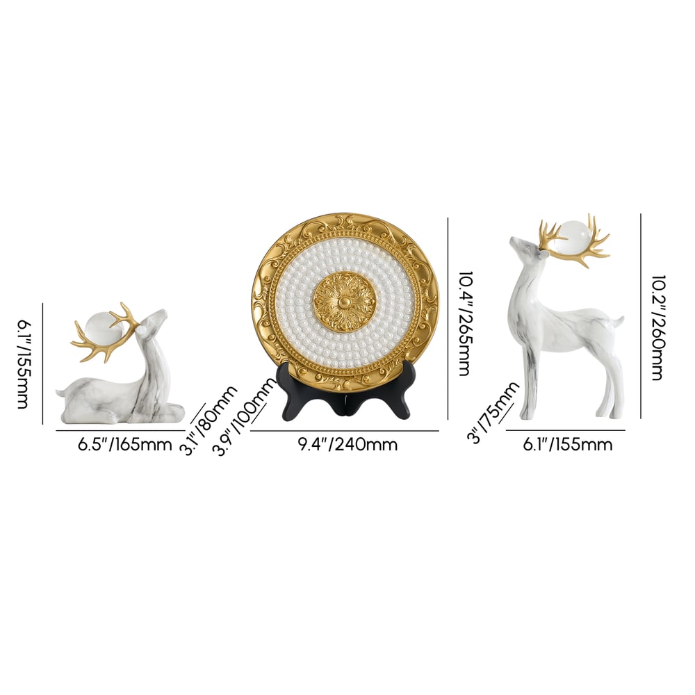 3 pcs Golden Deer Figurine with Decorative Plate Set, Luxury Resin Animal Sculptures weights dimensions image