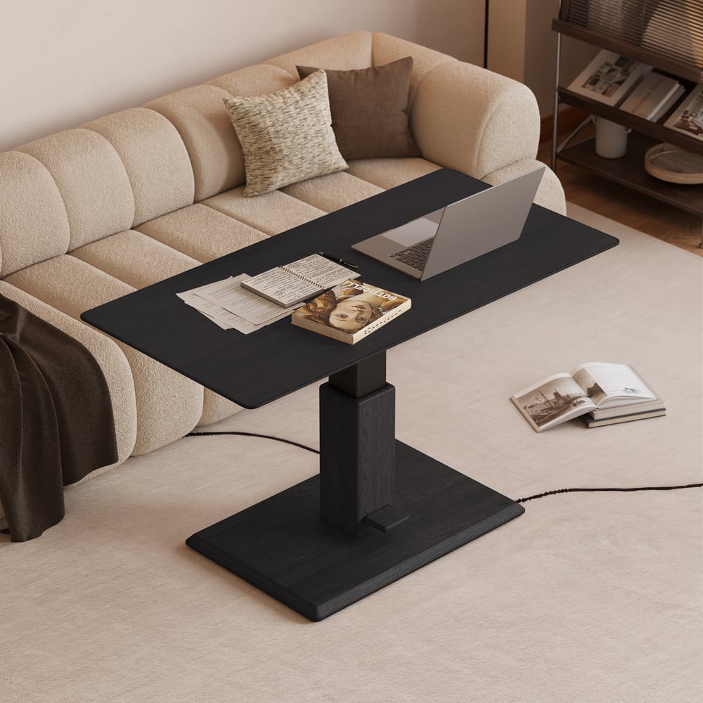 Table basse moderne de 119 cm en placage de bois noir, réglable en hauteur avec commande au pied image de fenêtre