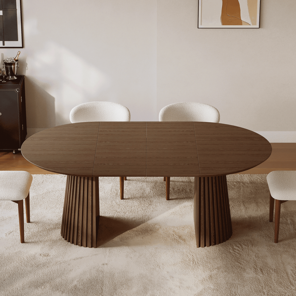 Modern 47"-79" Extendable Walnut Wood Dining Table with Fluted Base, Seats 4-6 window image