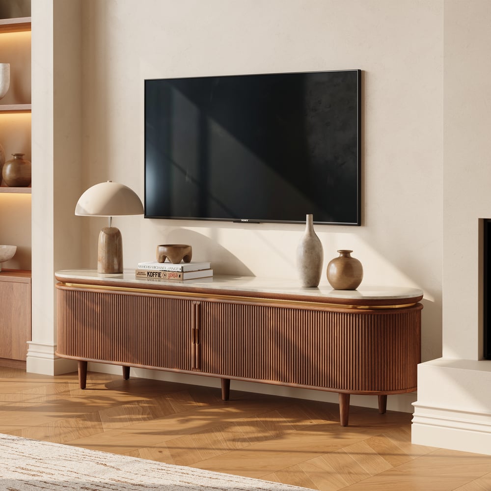 79" Ash Wood Walnut Fluted TV Stand with Sintered Stone Top window image