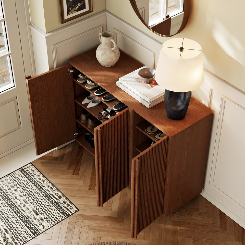 Lineva 48" Ash Wood Veneer Shoe Storage Fluted Entryway Cabinet window image
