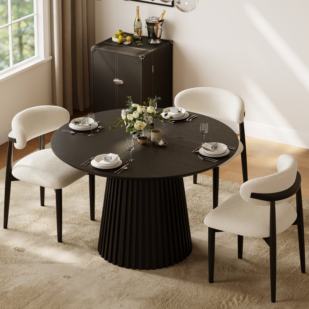 Modern 47"-79" Extendable Black Wood Dining Table with Fluted Base, Seats 4-6 window image