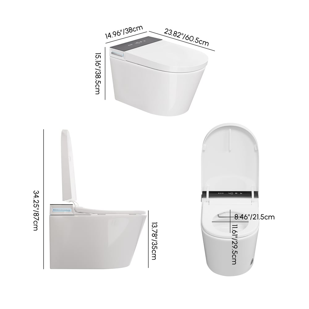Inodoro inteligente montado en pared Airloo con tanque, escudo de espuma, esterilización UV, 1.28 GPF pesos dimensiones imagen