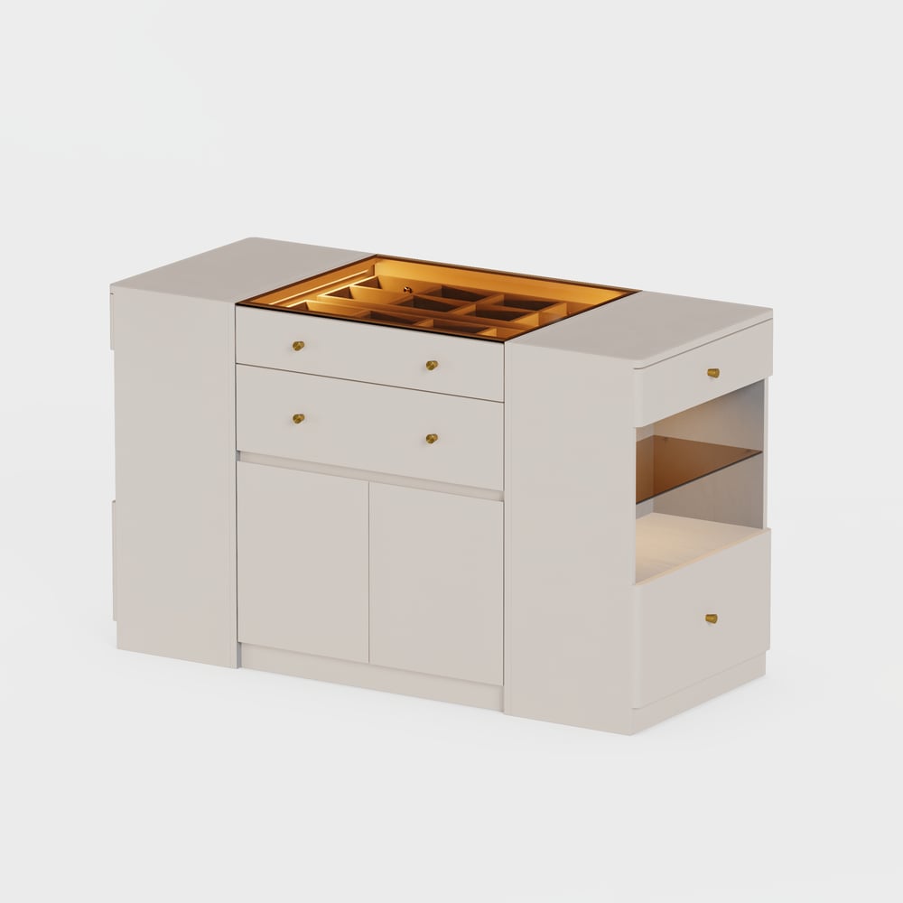 Selvo Saddle Leather Glass Top Closet Island with Storage, Light and Jewelry Display window image