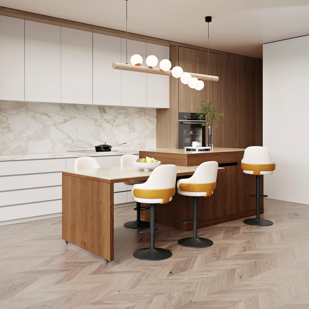 Îlot central de cuisine moderne extensible 205-284 cm avec plateau en pierre frittée mate finition noyer et rangement image de fenêtre