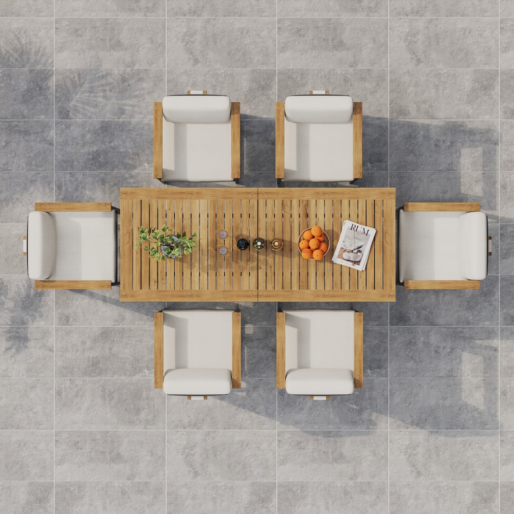 Tevara Teakhouten Moderne Outdoor Bar Set Donkergrijs Frame & Warm Wit Kussen Vensterafbeelding