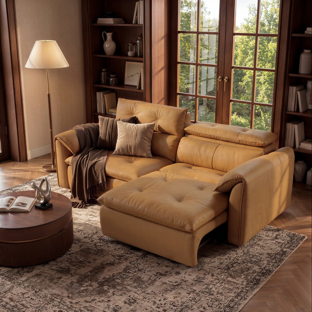 Canapé-lit convertible électrique 2 places en cuir véritable de 222 cm avec têtières réglables image de fenêtre