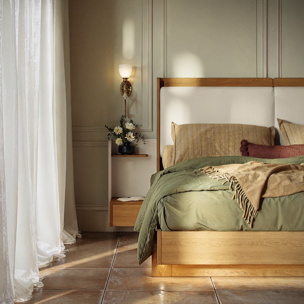 Modern Upholstered Bed with Headboard and Floating Bedside Tables in Natural window image