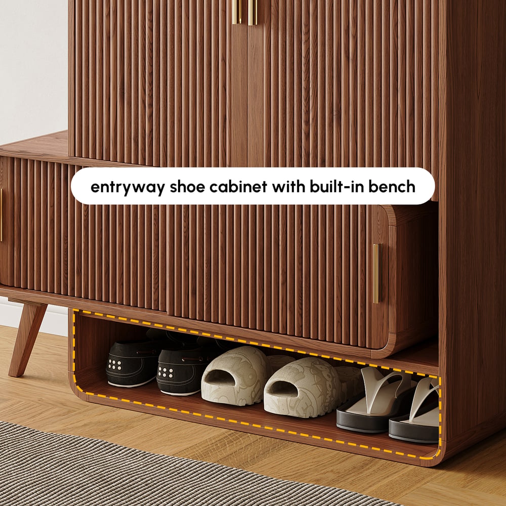 37" Ash Wood Veneer Fluted Shoe Storage Entryway Cabinet, Left Hand window image