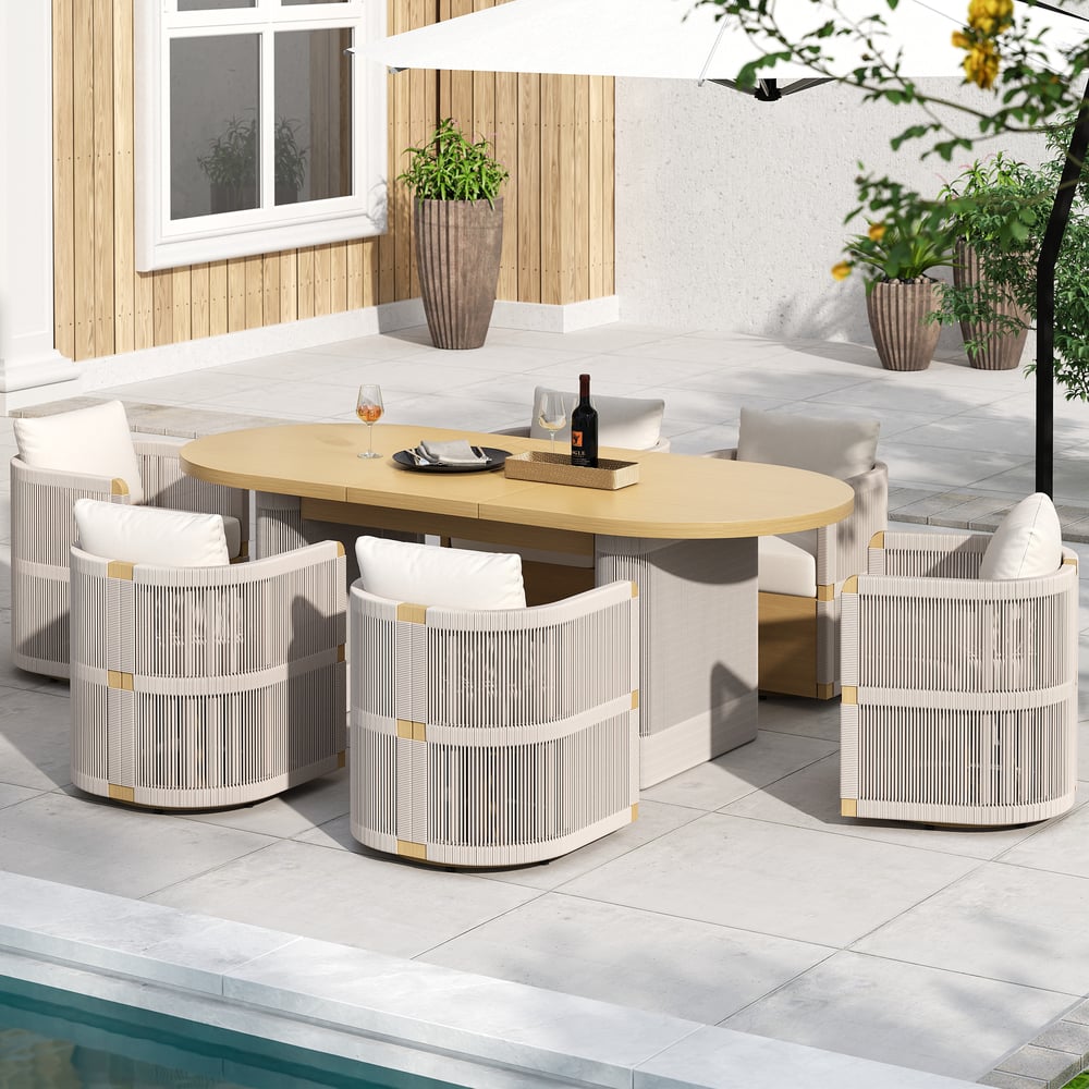 Costra  Outdoor Aluminum Extendable Dining Set with 6 Woven Swivel Armchairs in Ivory window image