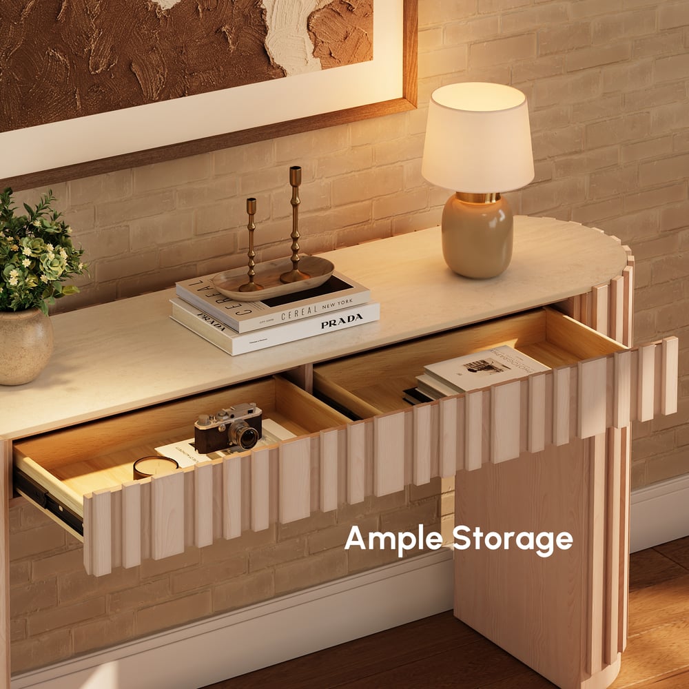 Aura 60" Ash Wood Fluted Whitewash Console Table With Sintered Stone Top window image