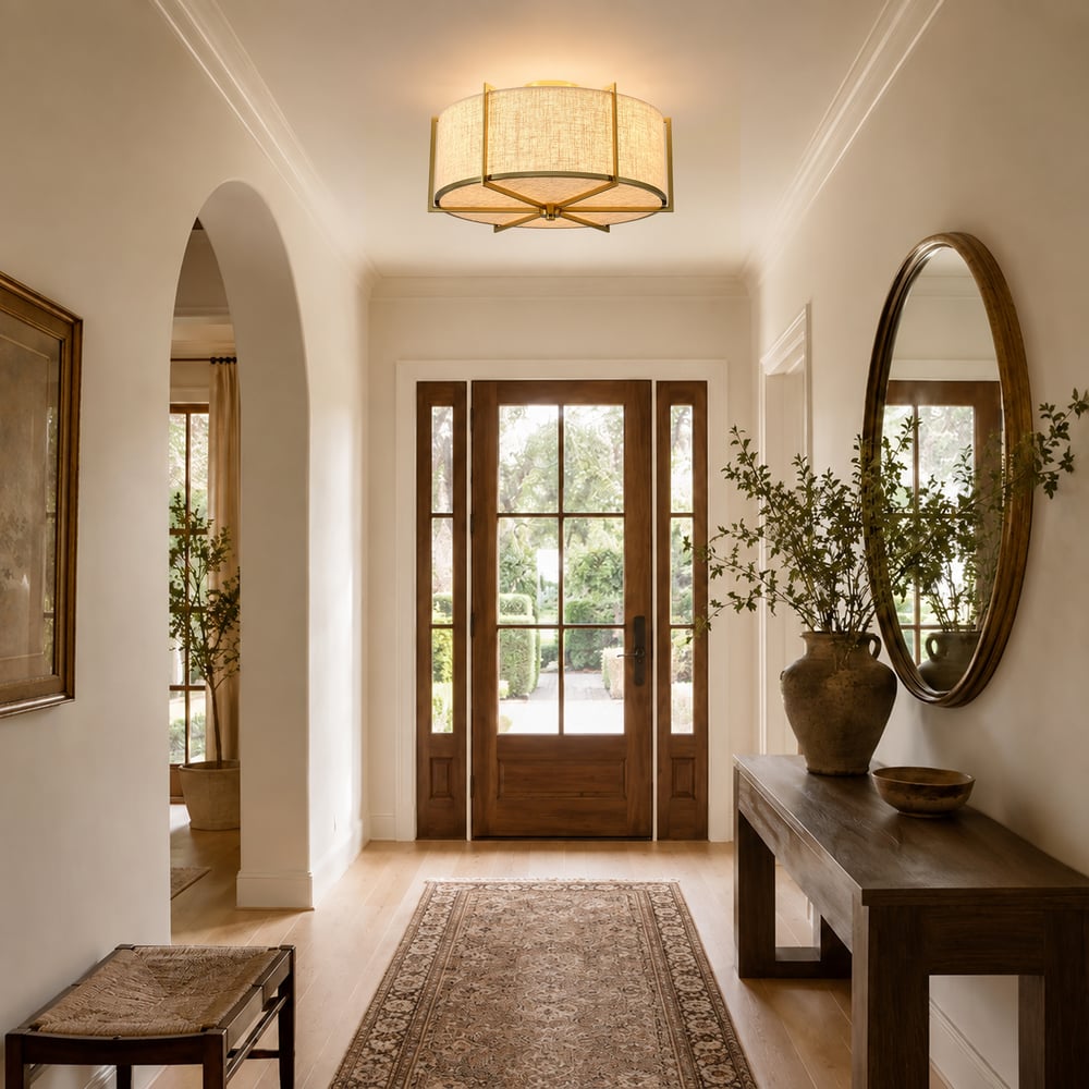 18" Linen Flush Mount Light in Gold Finish, 3-Light window image