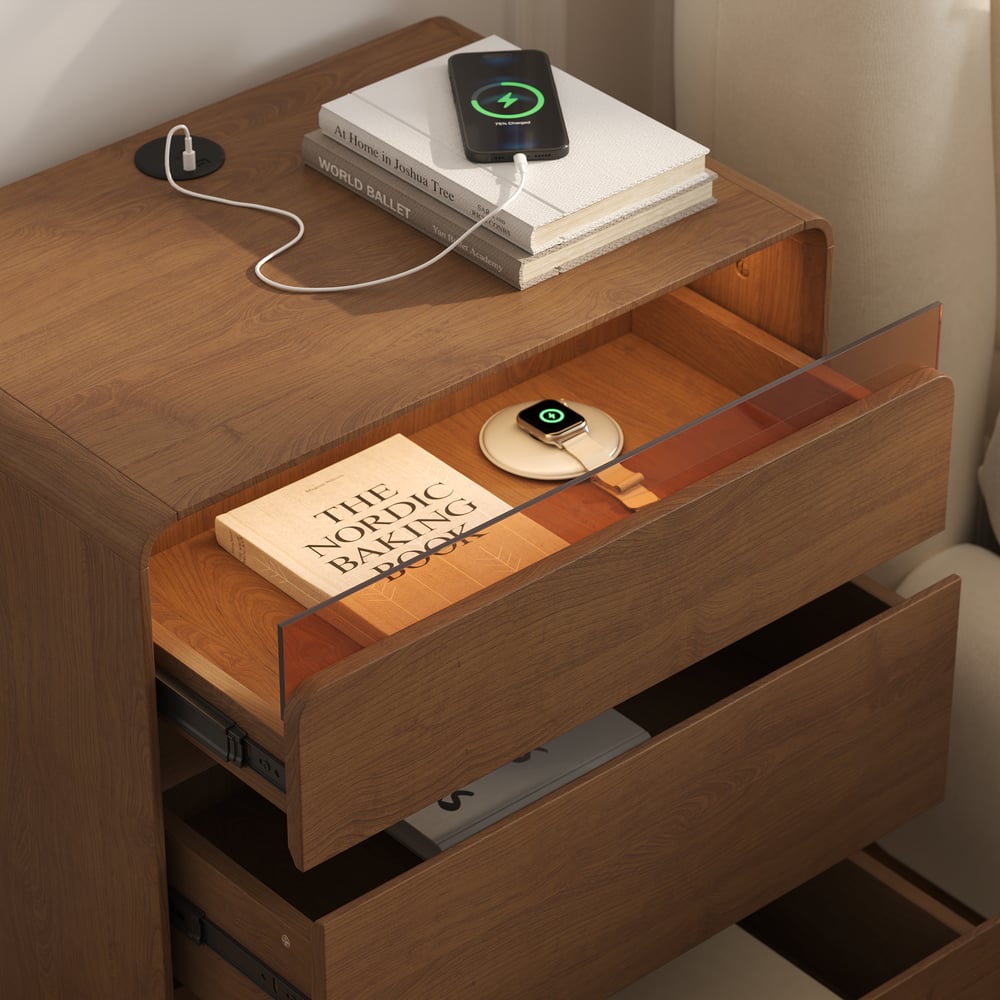 Meloa 24" Wooden 3-Drawer Smart Nightstand With LED Lighting & Charging Station window image