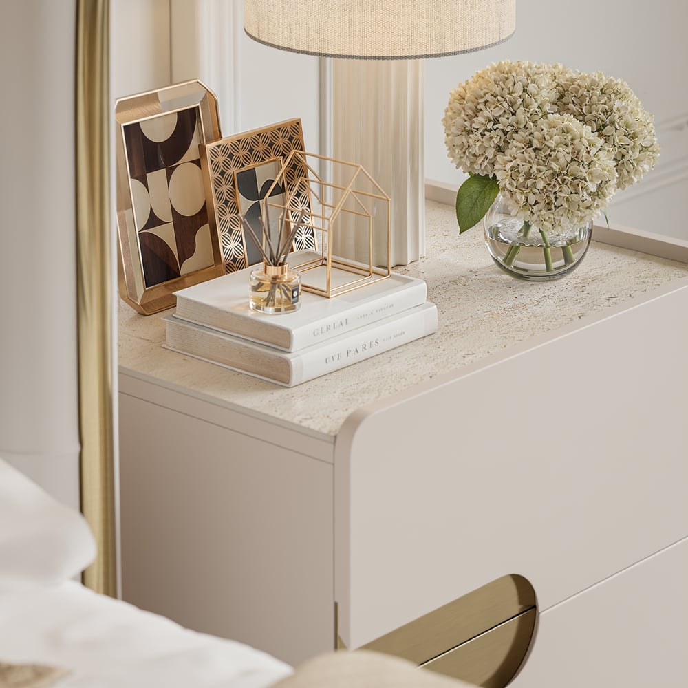 Table de chevet intelligente de 20" à 2 tiroirs avec plateau en pierre frittée et station de charge image de fenêtre