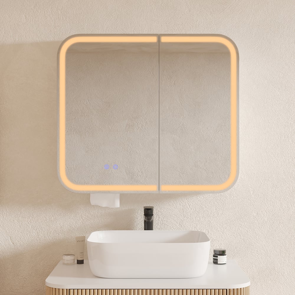 31" LED Bathroom Mirror Cabinet with Defogger, 3-Color Light, Tissue Slot window image