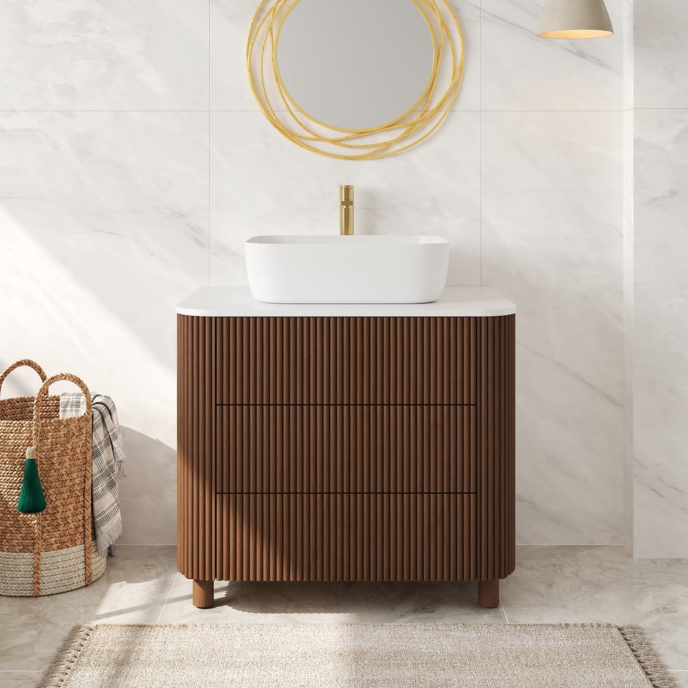 80cm Fluted Freestanding Bathroom Vanity with Vessel Sink, 3-Drawers, Sintered Stone top window image