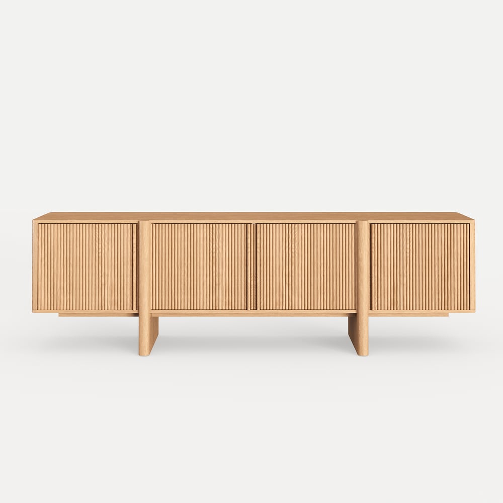 80" Solid Wood Fluted Natural TV Stand with Cabinets window image