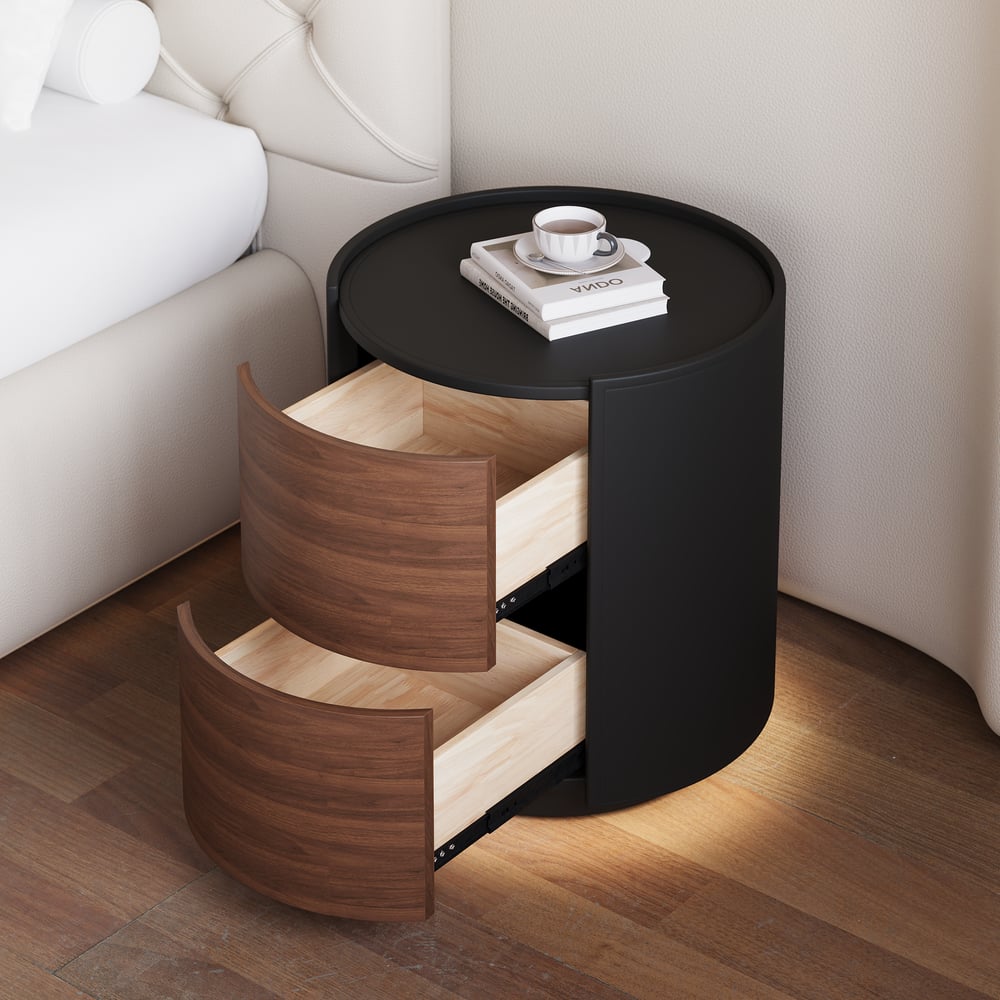 Modern Black Saddle Leather 2-Drawer Nightstand with Charging Station & Light window image