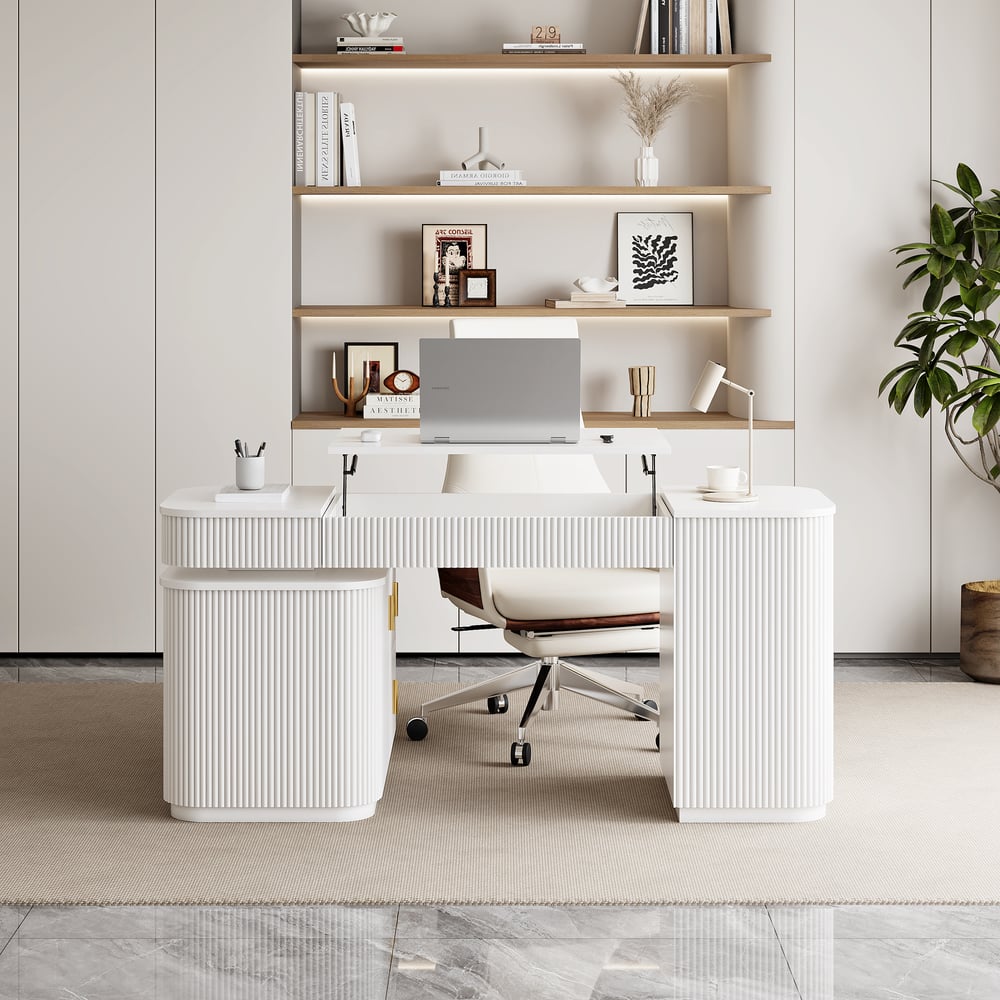 Velign 65" L-Shape White Executive Desk with Right-Side Cabinet window image