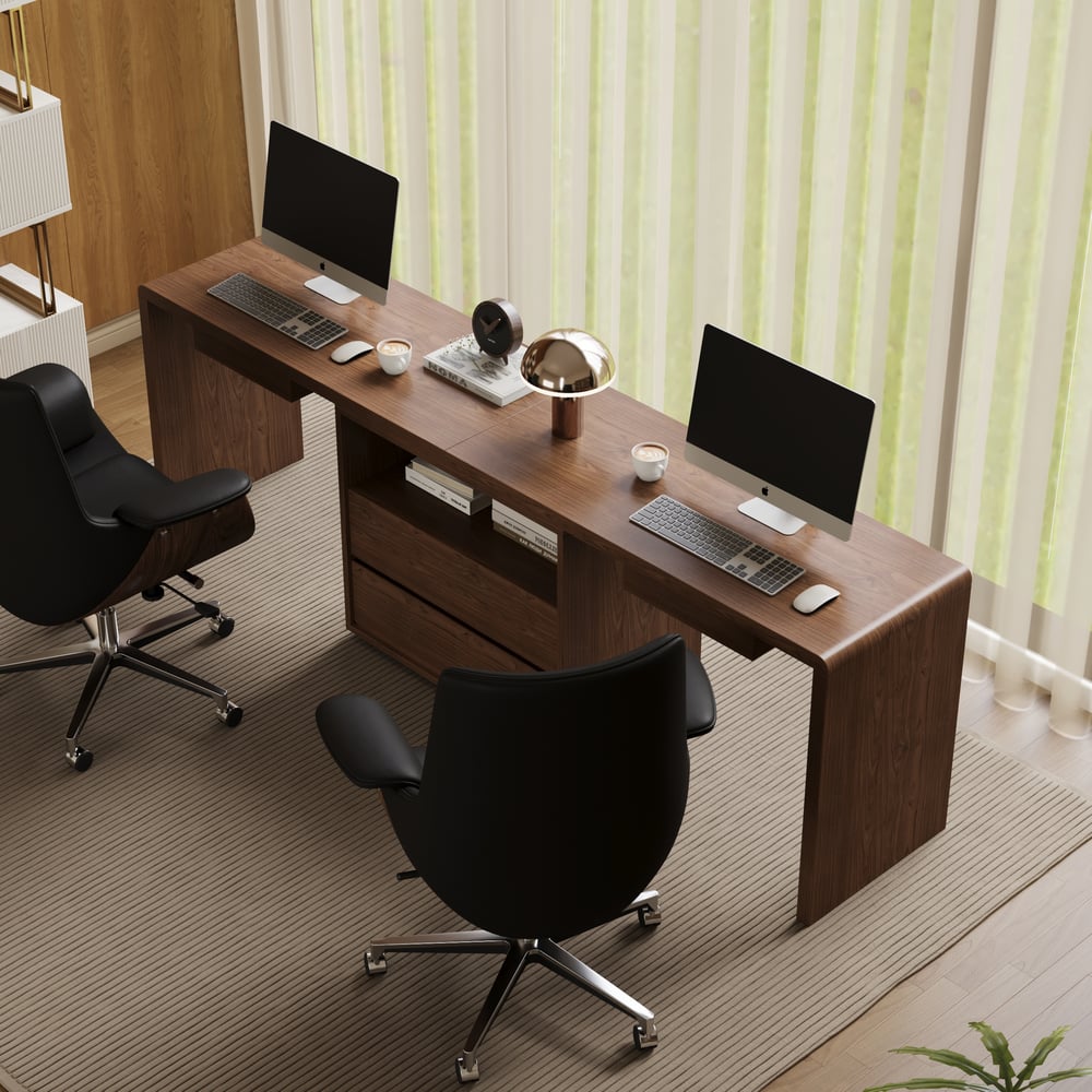 Walnut Double Desk with Drawers & 2 Black PU Leather Modern Home Office Chairs window image