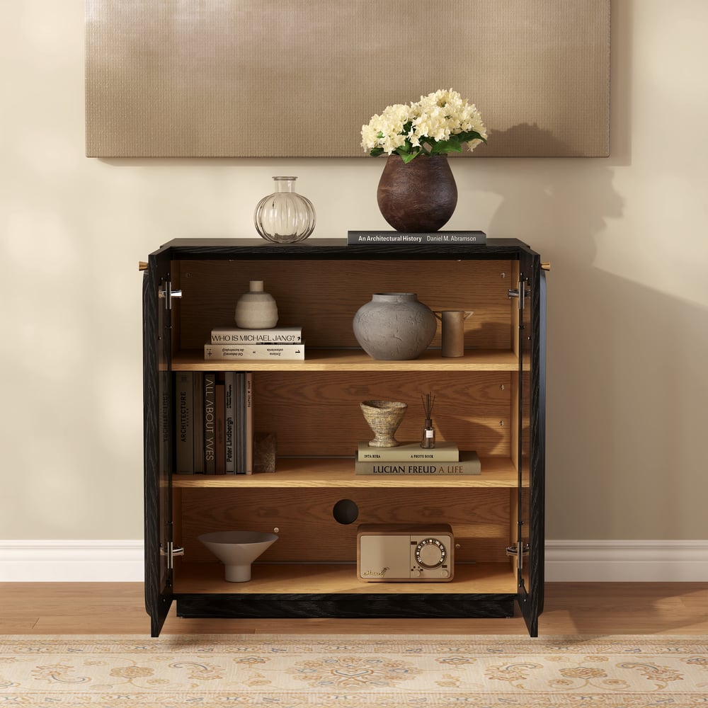 31" Ash Wood Veneer TV Stand with Glass Doors, Chest Cabinet and LED window image