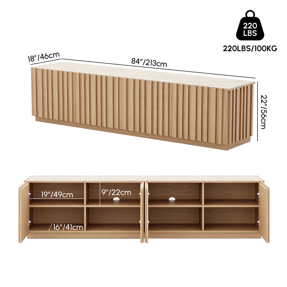 TV Lowboard Aura 213 cm in Grooved Ash in Natural with Sintered Stone Top weights dimensions image