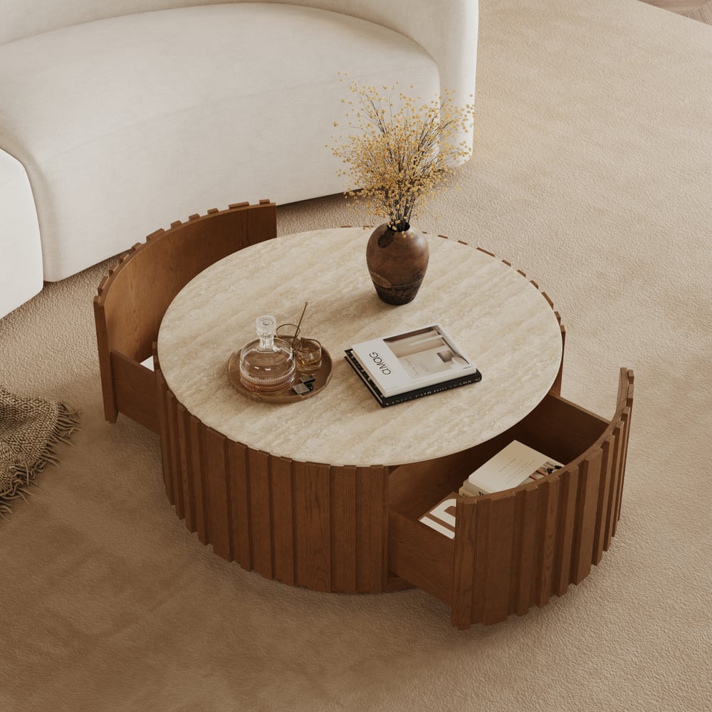 Aura 35" Ash Wood Slatted Round Coffee Table with Sintered Stone Top window image