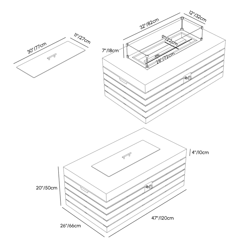 Tevara Outdoor 47" Propane Smokeless Aluminum Rectangular Fire Pit Table in Sand weights dimensions image