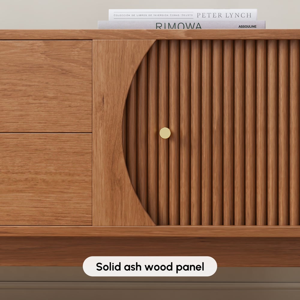 80" Ash Wood Fluted Walnut TV Stand with Storage window image