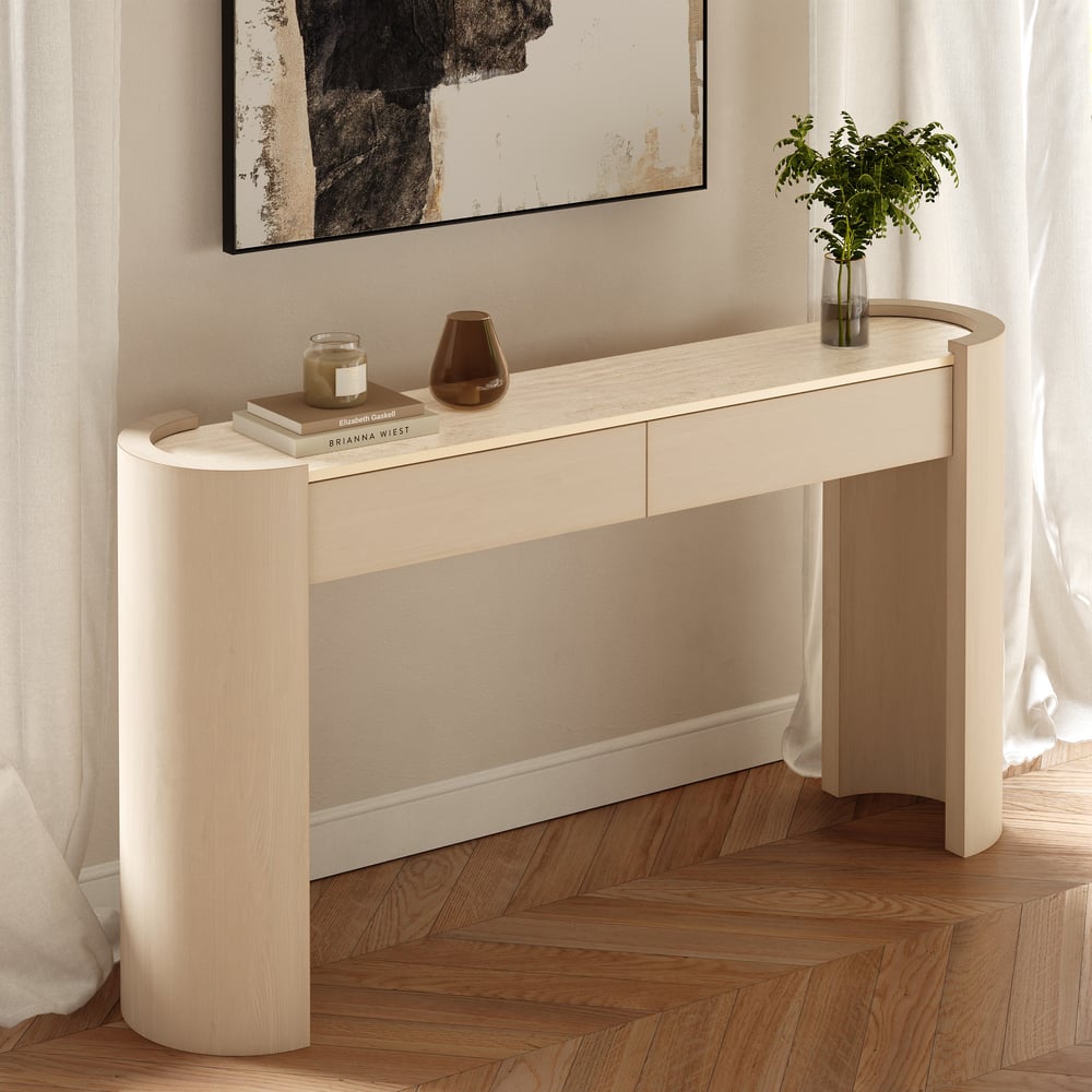 Console ovale Japandi de 60 pouces en pierre frittée avec 2 tiroirs image de fenêtre