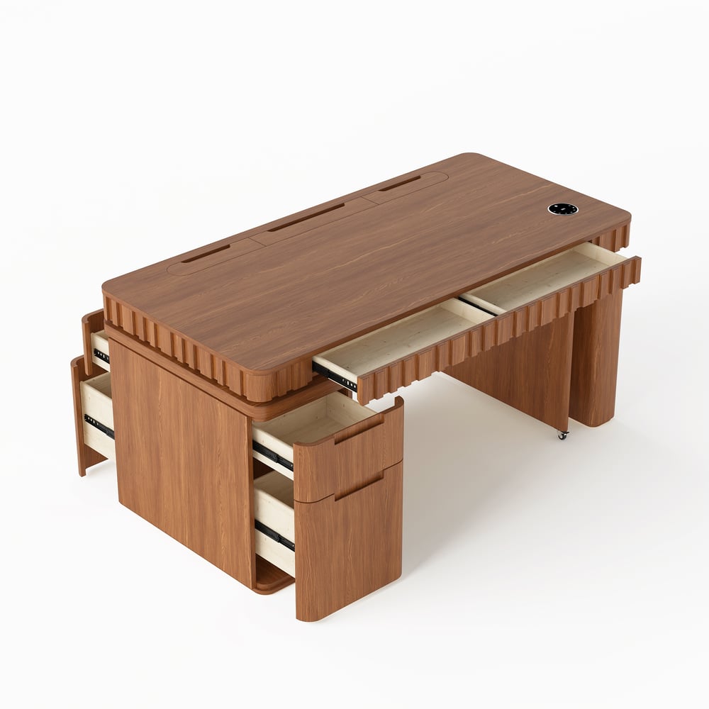 Aura 63" Walnut Flutted 360-Degree Rotating Desk Electric Adjustable Standing Desk window image