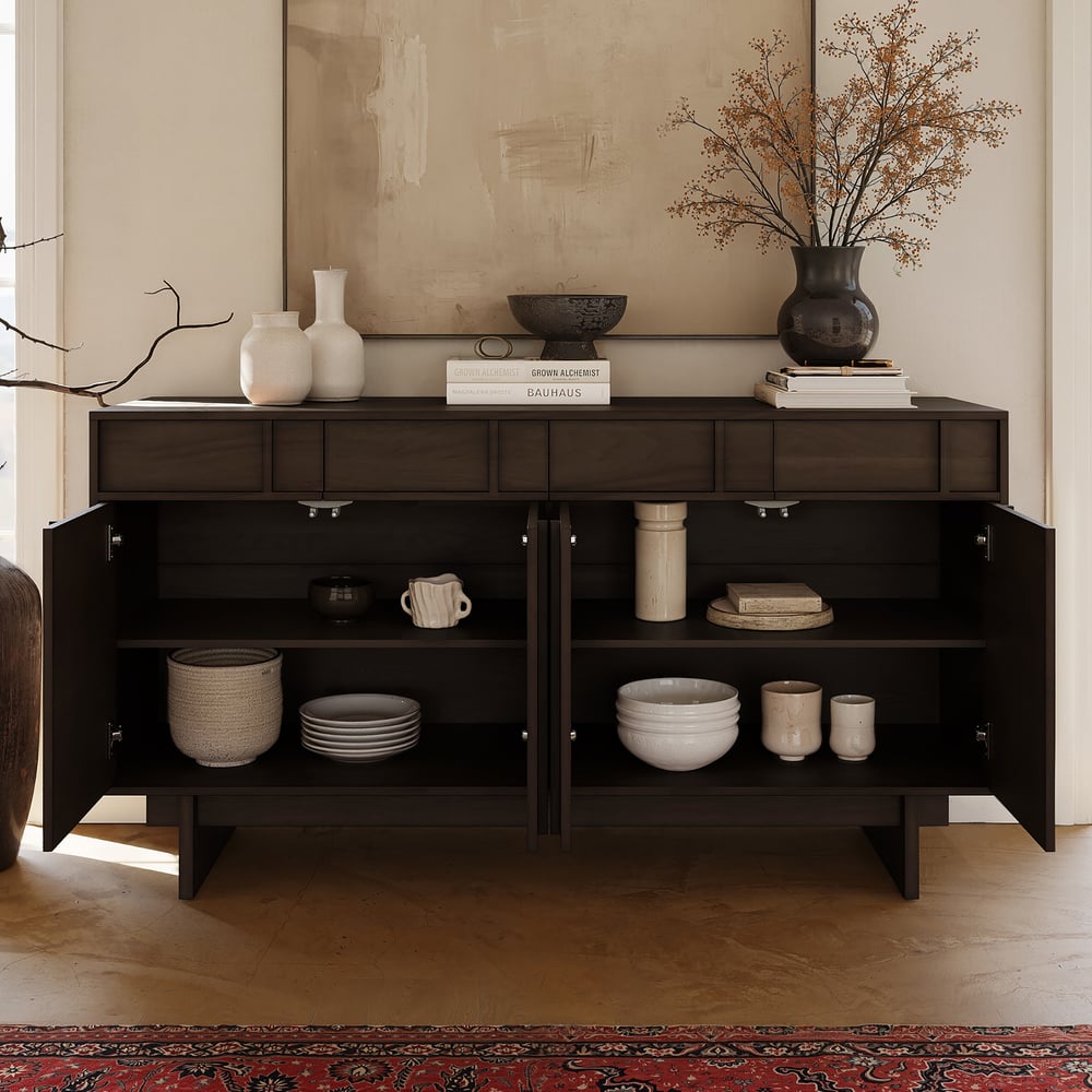 Panvyr Mid Century 60" Smoky Brown Wood Sideboard with Storage & Adjustable Shelves window image