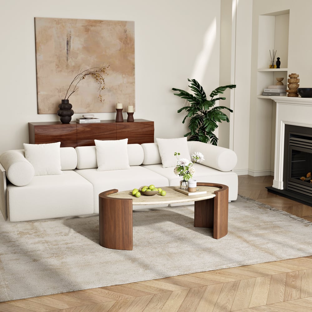 Table Basse de 43" en Pierre de Travertin Ovale Style Japandi image de fenêtre