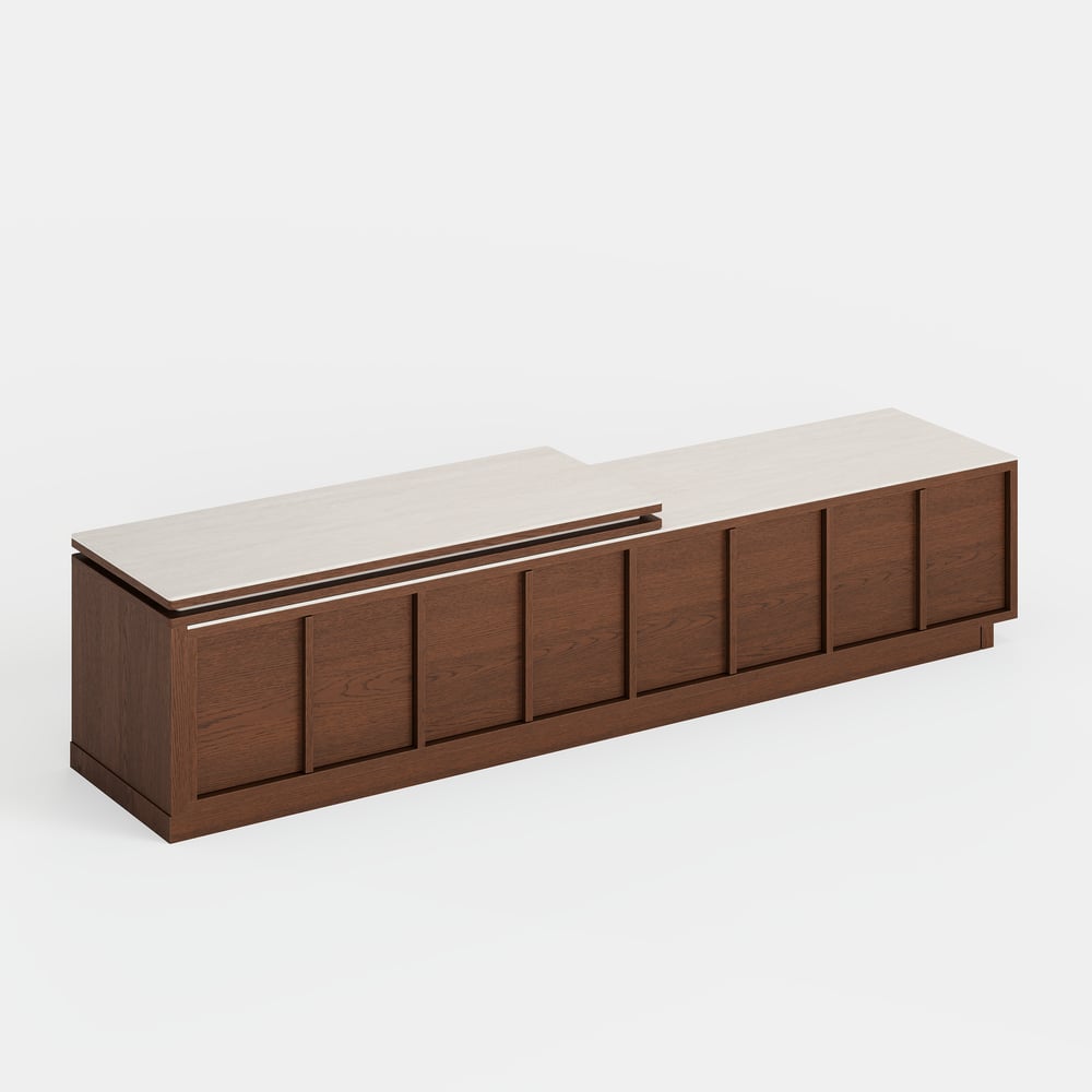 71"-108" Extendable Walnut TV Stand with Sintered Stone Top & Cabinets window image