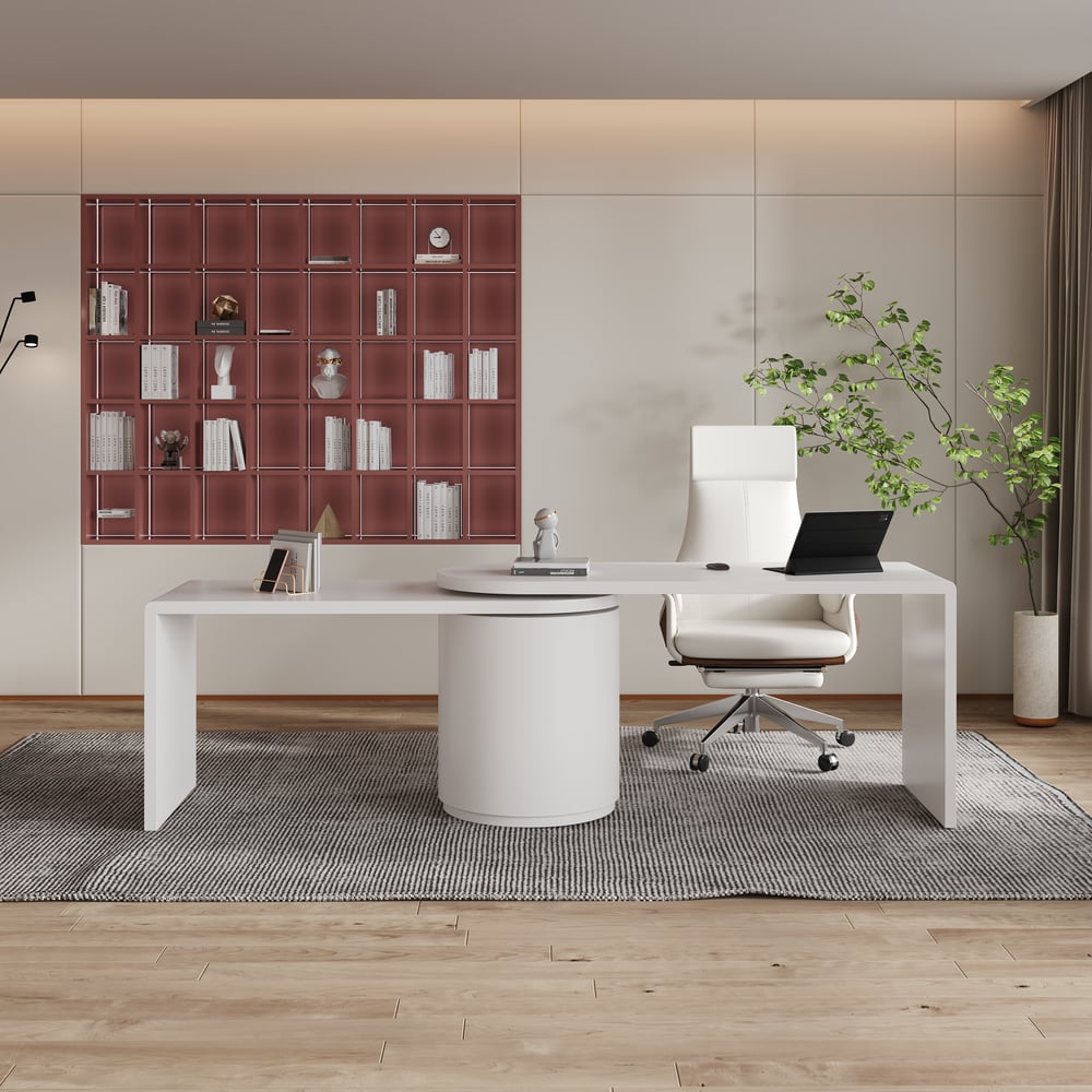 Modern 60" L-Shaped Matte Warm White Executive Desk with Drawers, Rotating Design window image