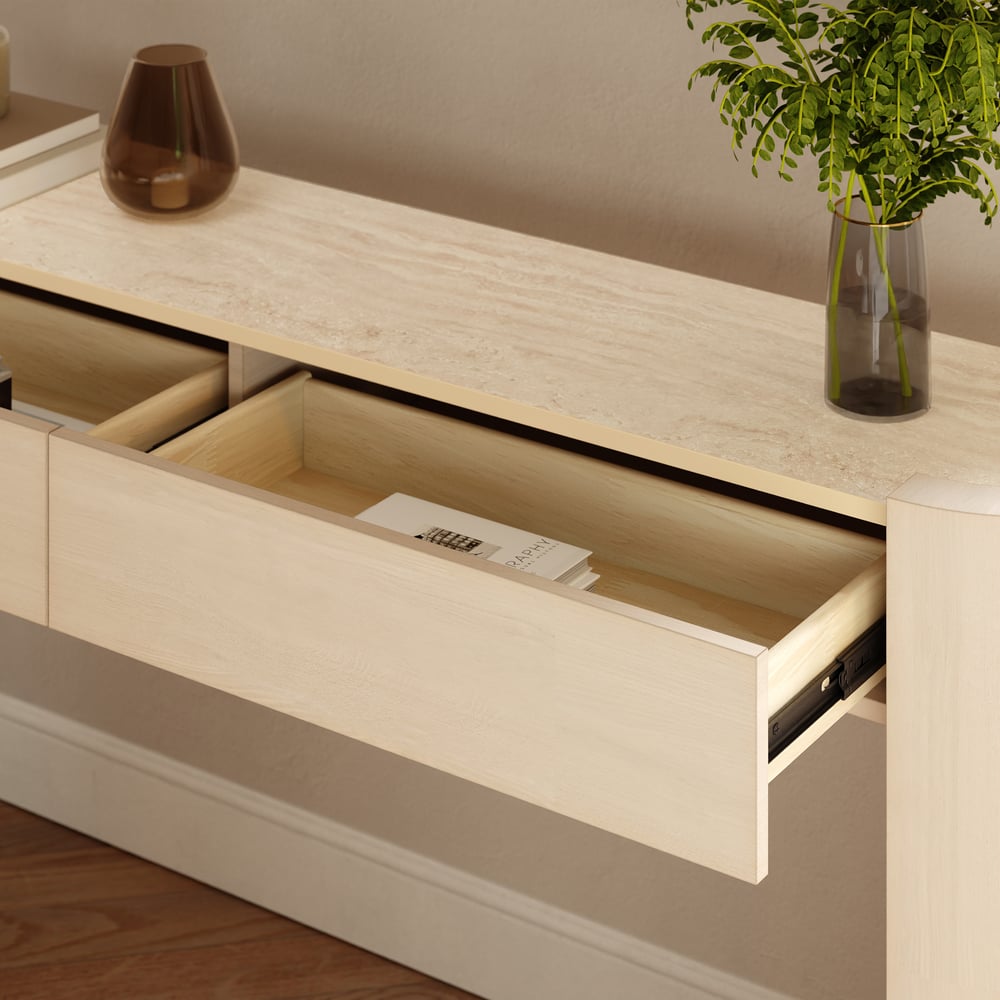 Console ovale Japandi de 60 pouces en pierre frittée avec 2 tiroirs image de fenêtre