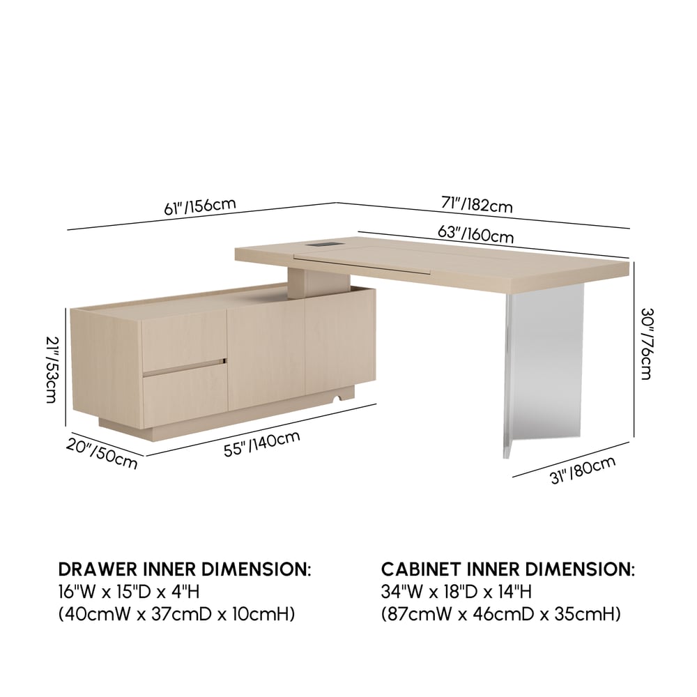 Modern 72" L-Shape Whitewash Standing Executive Desk with Lifter Desktop Left Hand weights dimensions image