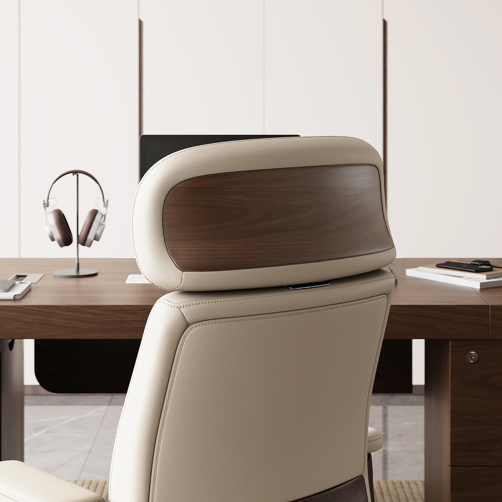 Ivory Genuine Leather Swivel Office Chair with Ergonomic Synchro-Tilt Recline System window image