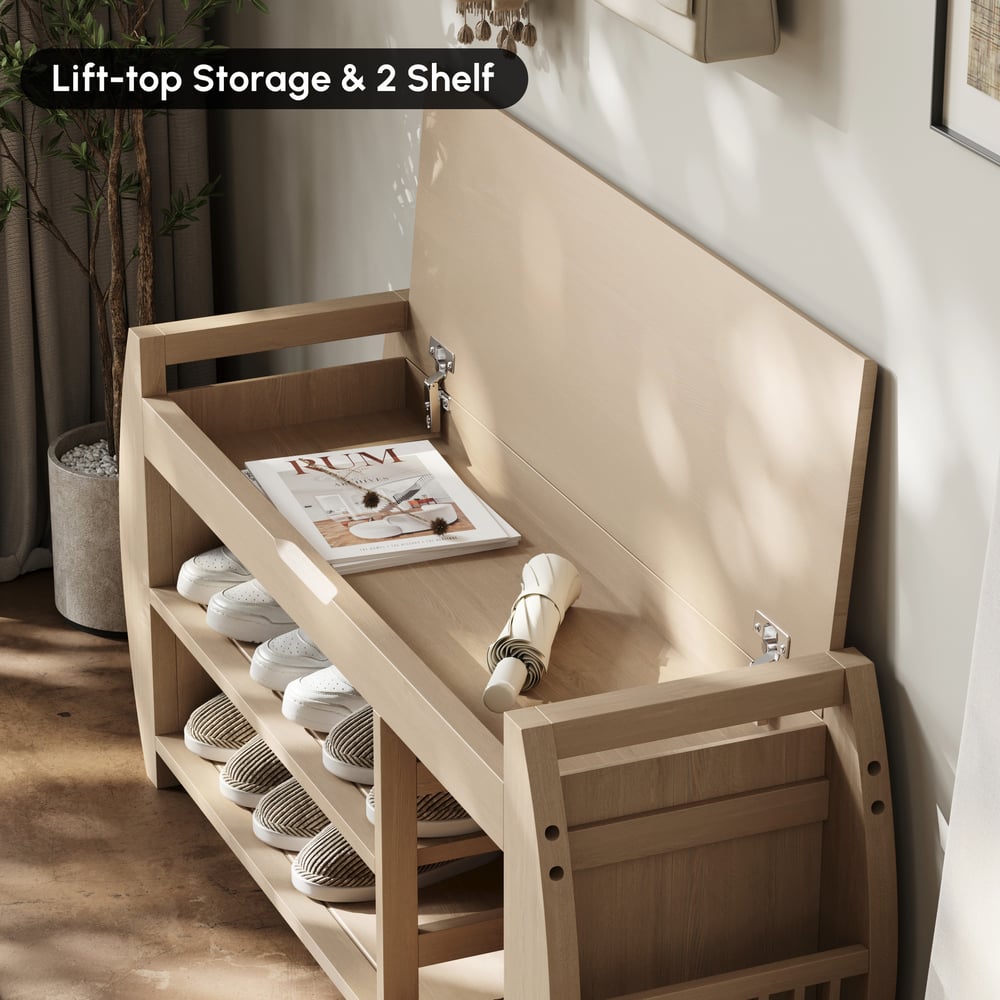 40'' Wood Veneer Whitewash Shoe Storage Entryway Bench with Shoe Rack window image