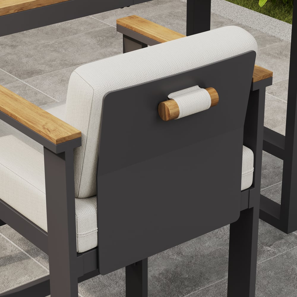Tevara Outdoor Aluminum Frame & Teak Wood Armrest Bar Stools in Warm White, Set of 2 window image