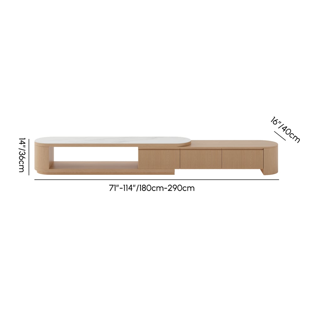 Velar 71"-114" Extendable Fluted TV Stand with Sintered Stone Top & 3 Drawers weights dimensions image