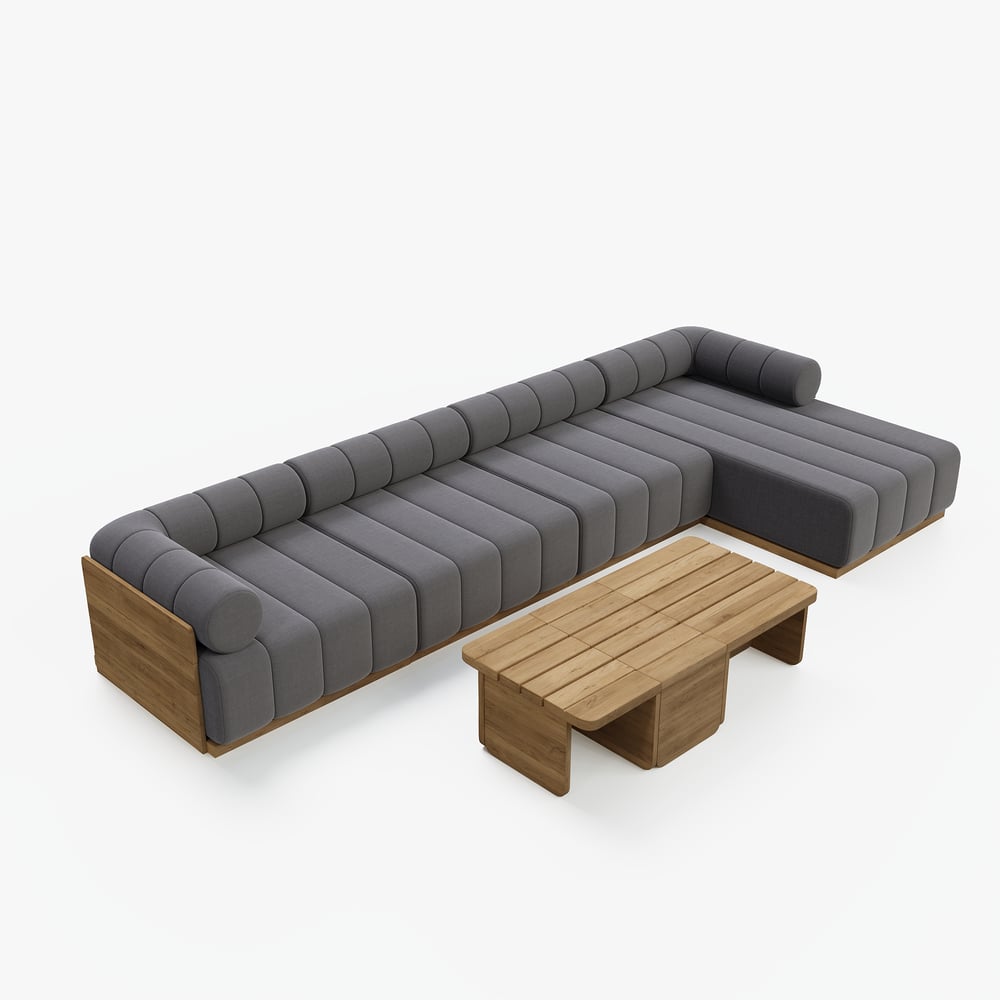 Ensemble de canapé modulaire d'extérieur 7 pièces Resaro en teck naturel avec dossier cannelé gris foncé image de fenêtre