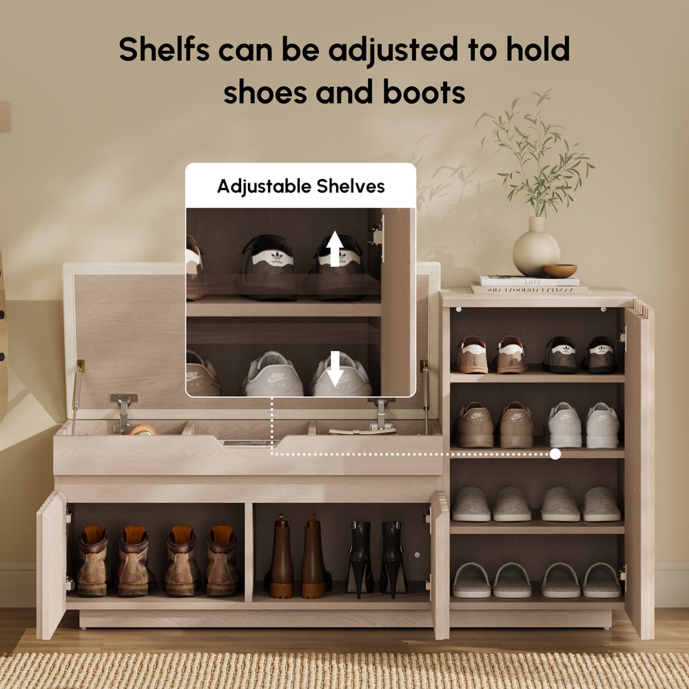 Banc de rangement pour chaussures en bois Aura 47 po avec armoire sur le côté droit pour l'entrée image de fenêtre