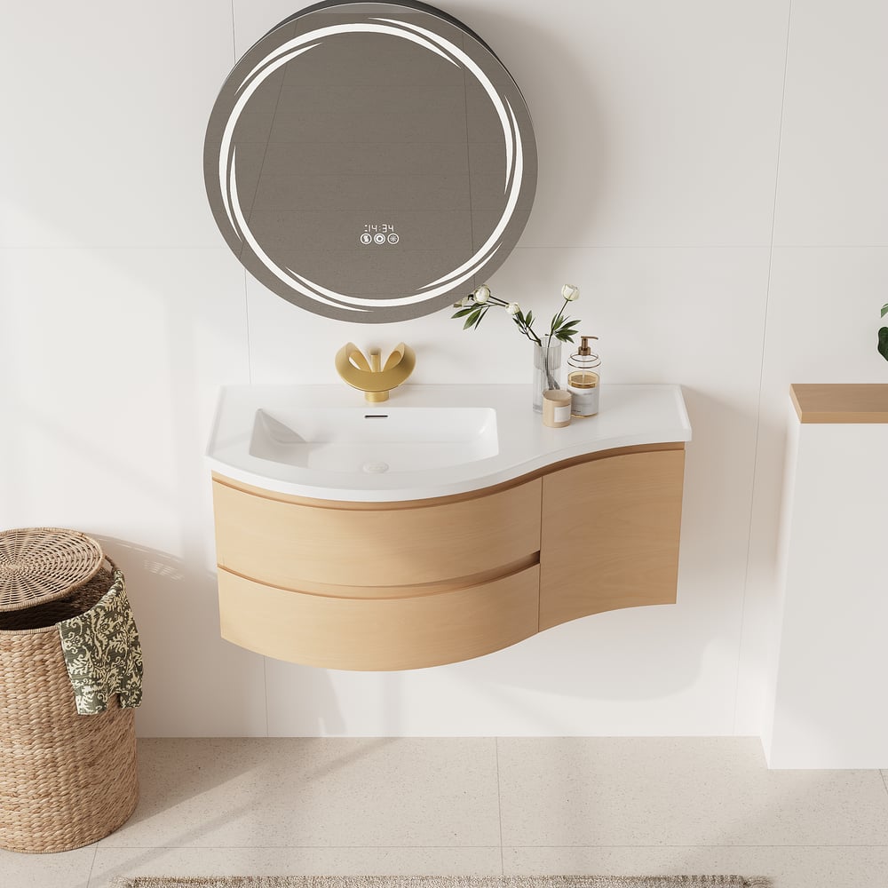 Floating Curved Bathroom Vanity & Round LED Medicine Cabinet Set Left Offset window image