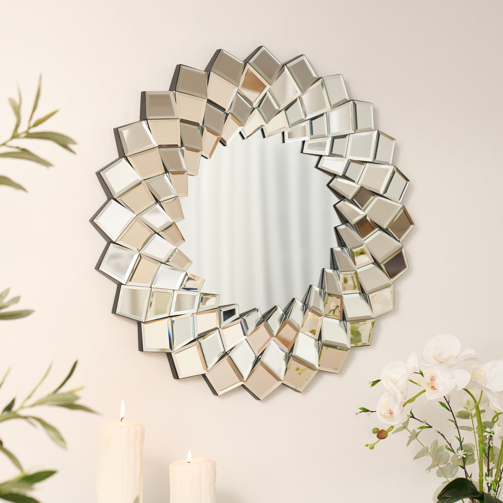 24" Diamond-Shaped Wall Mirror, Silver Round Decorative Mirror window image